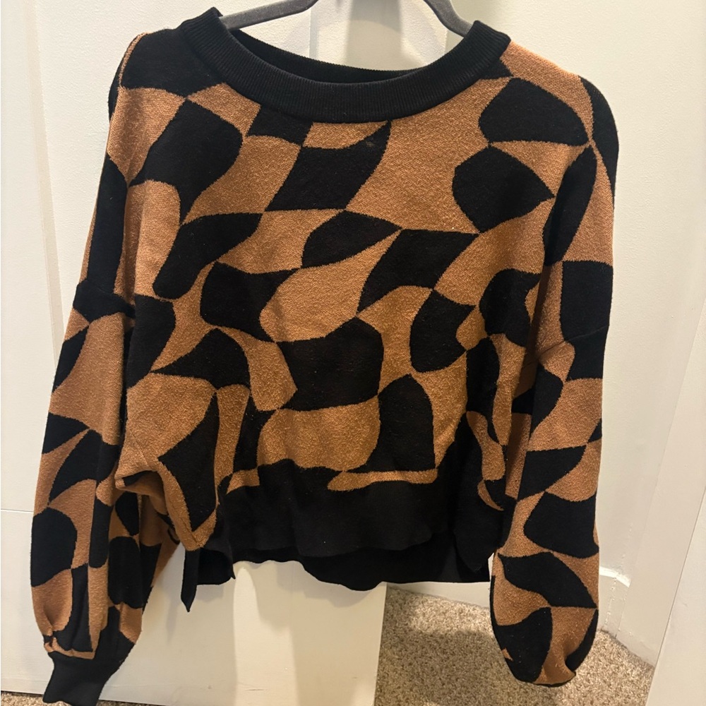 Brown & Black Abstract Cropped Sweater Size M